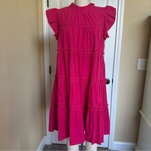 PINCH Brand Vibrant Pink Ruffle Midi Dress With Cap Sleeves. Size Large